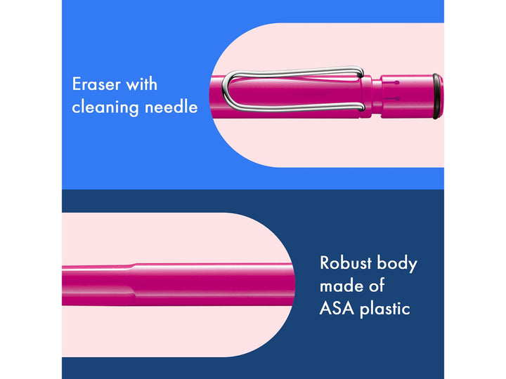 LAMY safari mechanical pencil feature graphic showing integrated Z18 eraser with cleaning needle, durable ASA plastic body and spring-loaded metal clip in pink finish