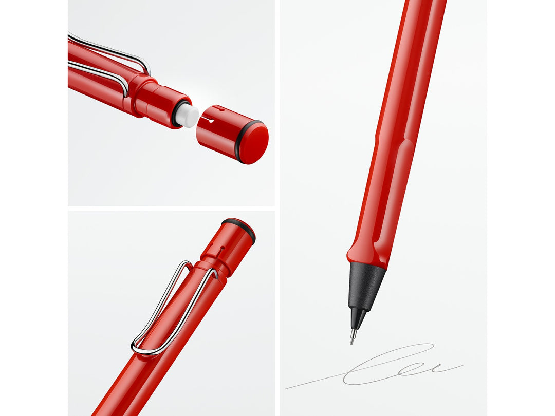 LAMY safari mechanical pencil feature graphic showing integrated Z18 eraser with cleaning needle, ergonomic grip and spring-loaded metal clip in red finish