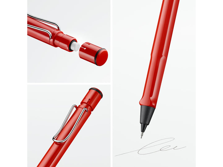 LAMY safari mechanical pencil feature graphic showing integrated Z18 eraser with cleaning needle, ergonomic grip and spring-loaded metal clip in red finish