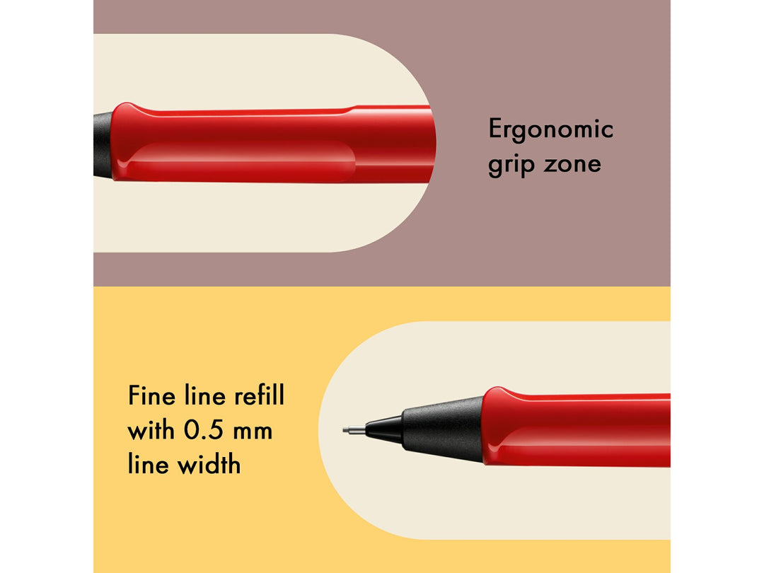 LAMY safari mechanical pencil feature graphic showing ergonomic grip section and precision 0.5mm lead mechanism in red finish