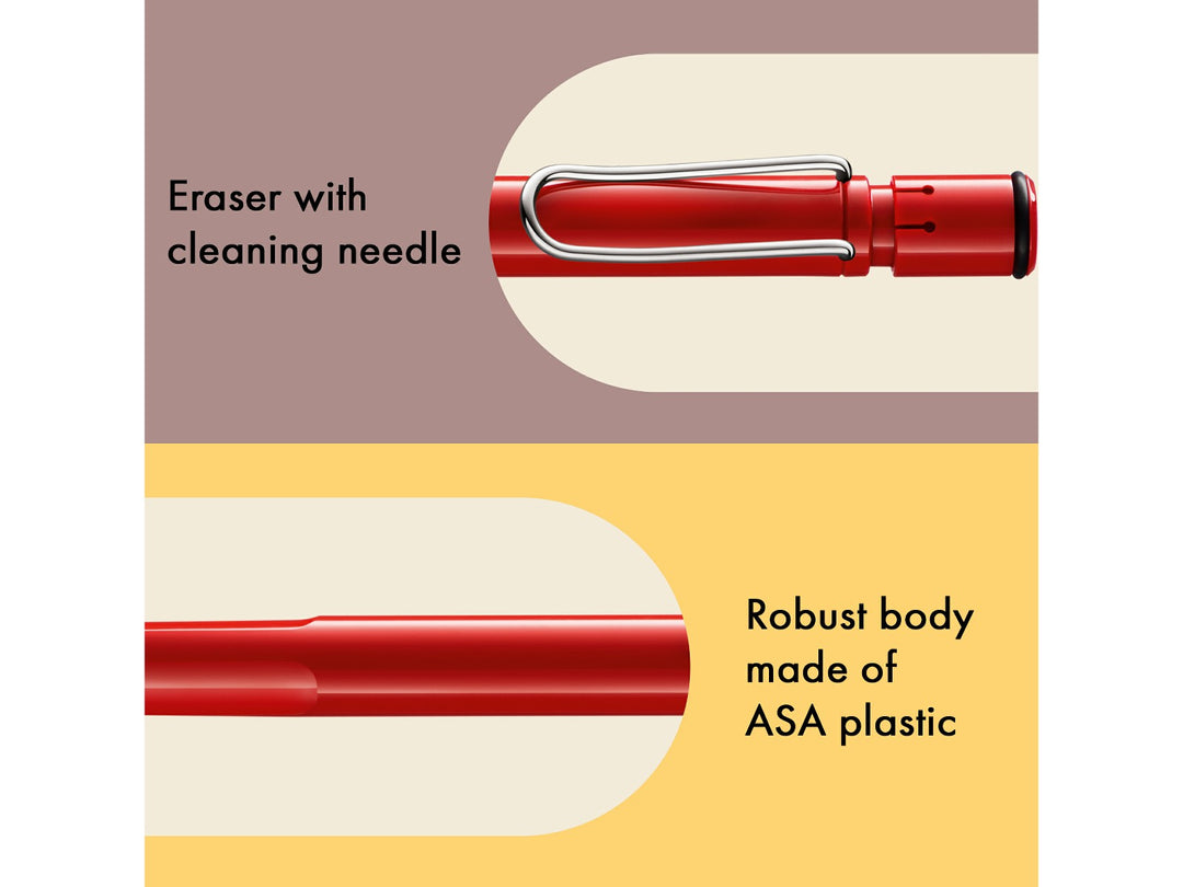LAMY safari mechanical pencil feature graphic showing integrated Z18 eraser with cleaning needle, durable ASA plastic body and spring-loaded metal clip in red finish
