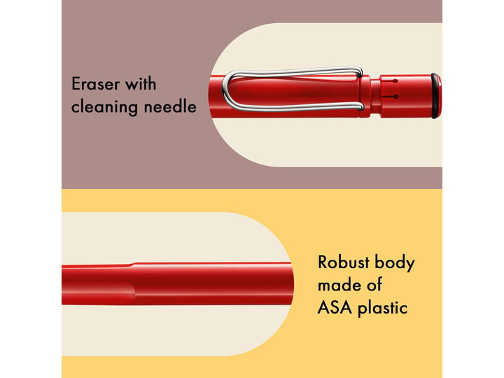 LAMY safari mechanical pencil feature graphic showing integrated Z18 eraser with cleaning needle, durable ASA plastic body and spring-loaded metal clip in red finish