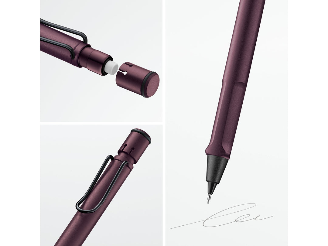 LAMY safari mechanical pencil feature graphic showing integrated Z18 eraser with cleaning needle, ergonomic grip and spring-loaded metal clip in scarlet finish
