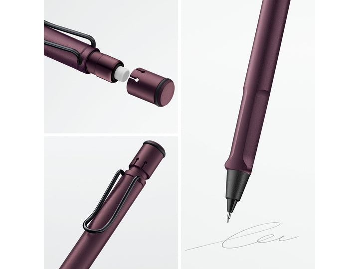 LAMY safari mechanical pencil feature graphic showing integrated Z18 eraser with cleaning needle, ergonomic grip and spring-loaded metal clip in scarlet finish