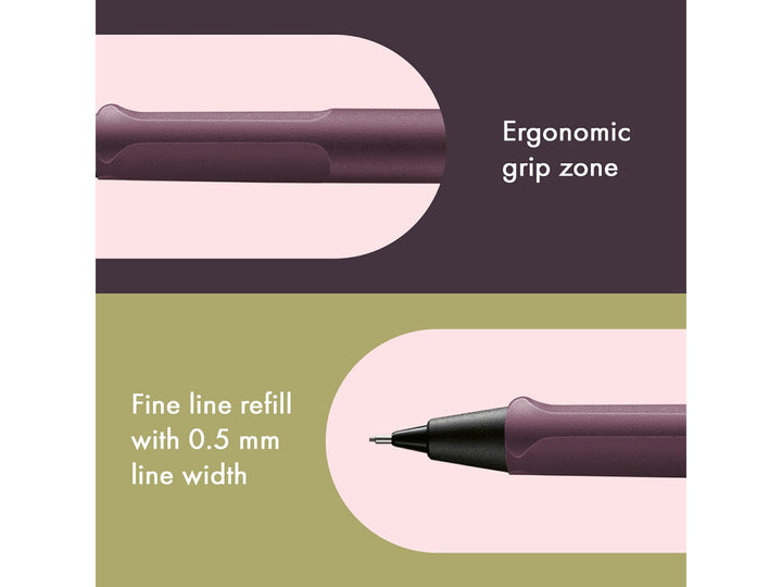 LAMY safari mechanical pencil feature graphic showing ergonomic grip section and precision 0.5mm lead mechanism in scarlet finish