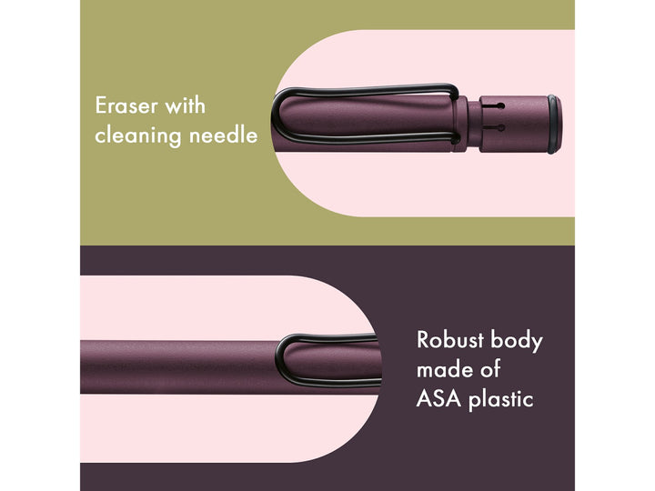 LAMY safari mechanical pencil feature graphic showing integrated Z18 eraser with cleaning needle, durable ASA plastic body and spring-loaded metal clip in scarlet finish