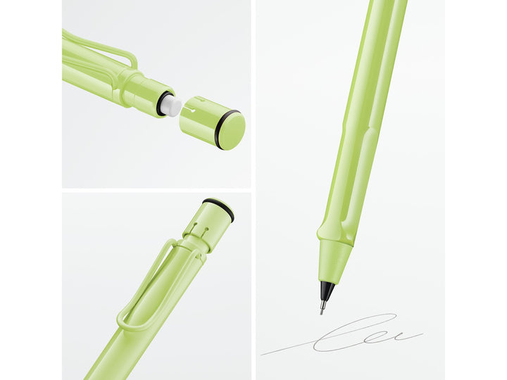 LAMY safari mechanical pencil feature graphic showing integrated Z18 eraser with cleaning needle, ergonomic grip and spring-loaded metal clip in spring green finish