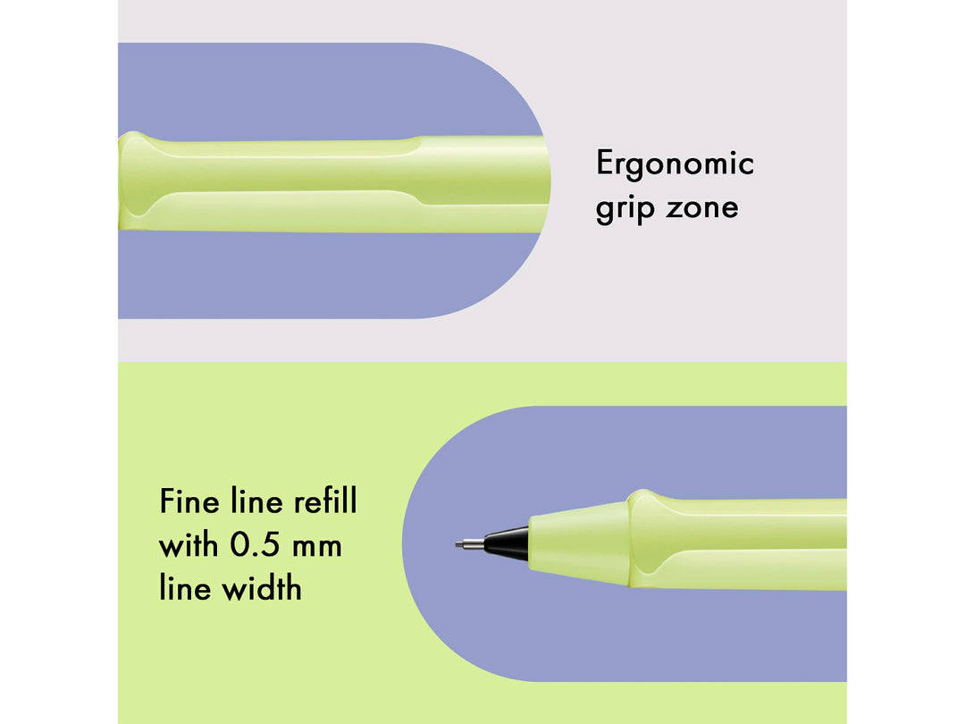 LAMY safari mechanical pencil feature graphic showing ergonomic grip section and precision 0.5mm lead mechanism in spring green finish