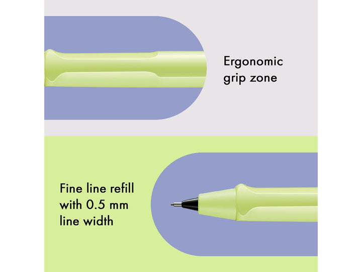 LAMY safari mechanical pencil feature graphic showing ergonomic grip section and precision 0.5mm lead mechanism in spring green finish