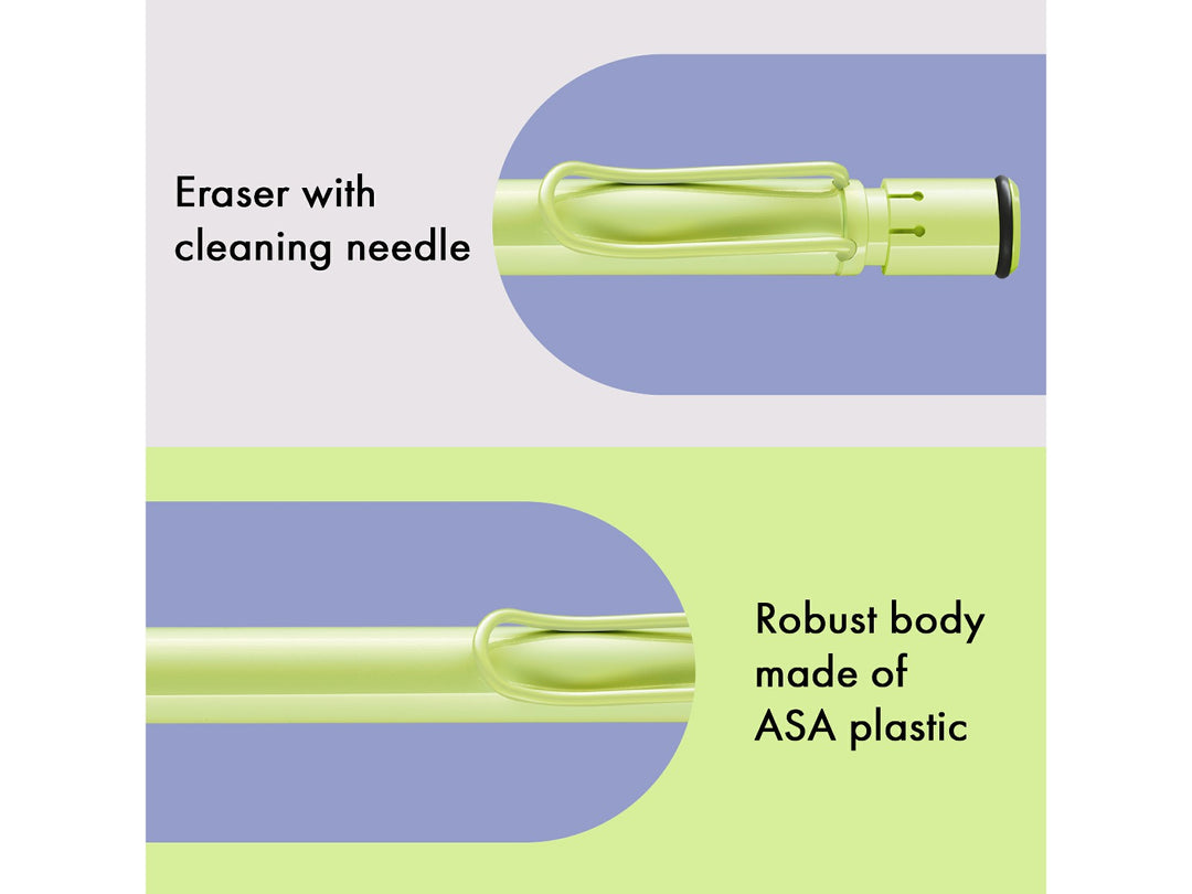 LAMY safari mechanical pencil feature graphic showing integrated Z18 eraser with cleaning needle, durable ASA plastic body and spring-loaded metal clip in spring green finish