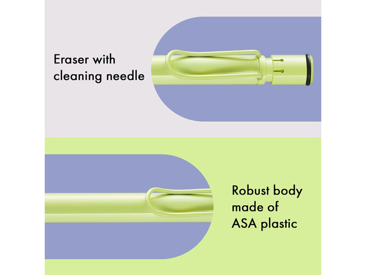 LAMY safari mechanical pencil feature graphic showing integrated Z18 eraser with cleaning needle, durable ASA plastic body and spring-loaded metal clip in spring green finish