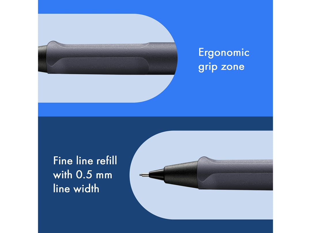 LAMY safari mechanical pencil feature graphic showing ergonomic grip section and precision 0.5mm lead mechanism in steel black finish