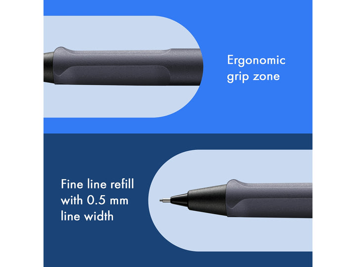 LAMY safari mechanical pencil feature graphic showing ergonomic grip section and precision 0.5mm lead mechanism in steel black finish