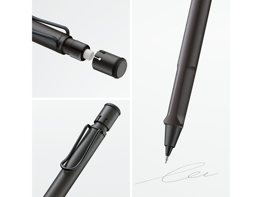 LAMY safari mechanical pencil feature graphic showing integrated Z18 eraser with cleaning needle, ergonomic grip and spring-loaded metal clip in umbra finish