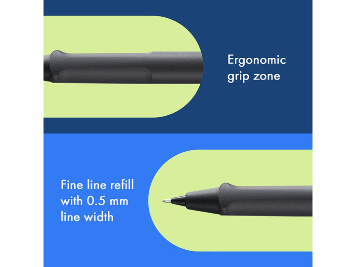 LAMY safari mechanical pencil feature graphic showing ergonomic grip section and precision 0.5mm lead mechanism in umbra finish