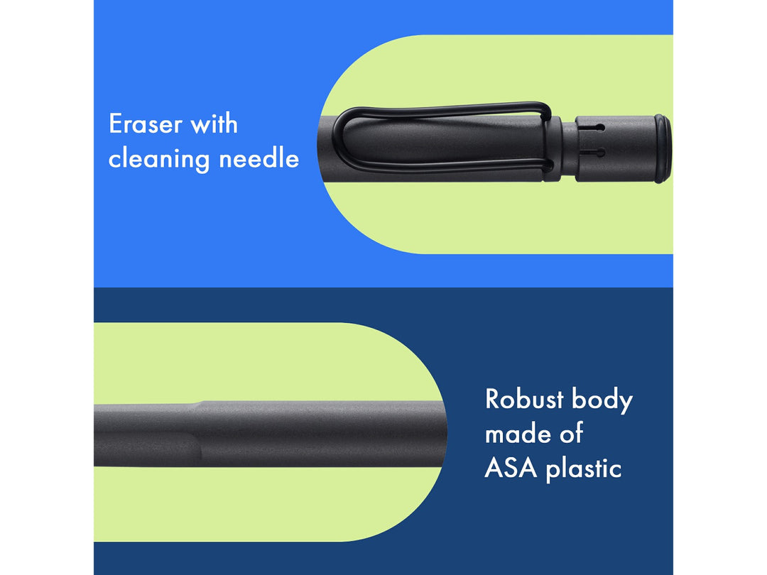 LAMY safari mechanical pencil feature graphic showing integrated Z18 eraser with cleaning needle, durable ASA plastic body and spring-loaded metal clip in umbra finish