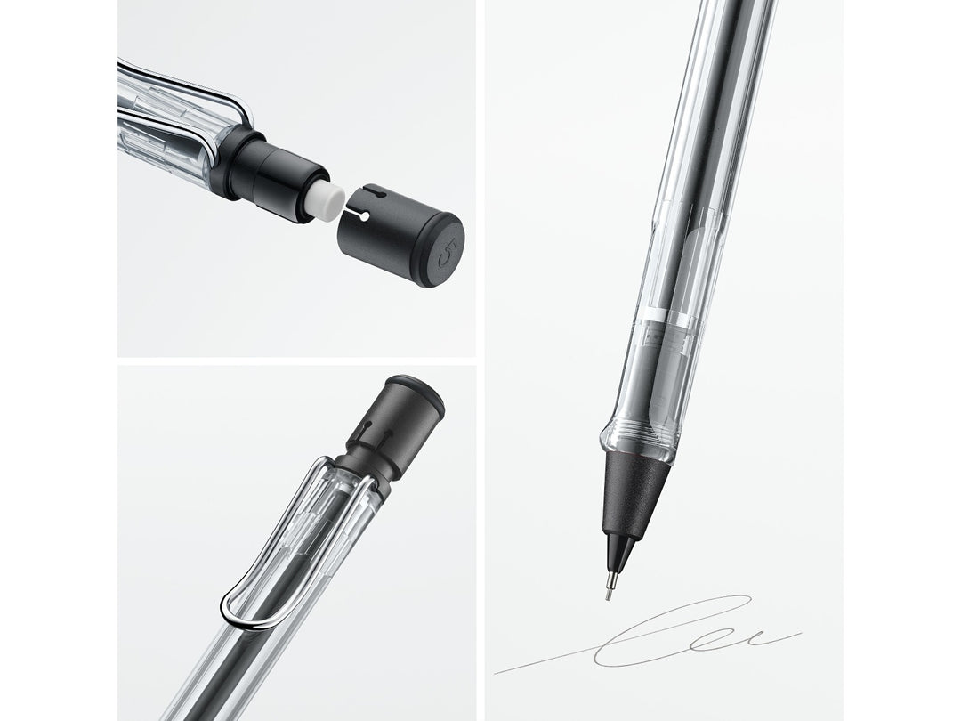 LAMY safari mechanical pencil feature graphic showing transparent Vista body, integrated Z18 eraser with cleaning needle and spring-loaded metal clip