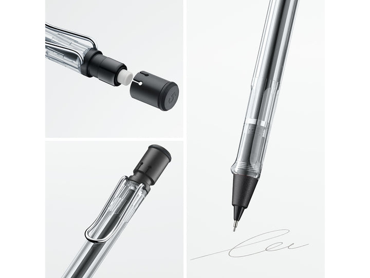 LAMY safari mechanical pencil feature graphic showing transparent Vista body, integrated Z18 eraser with cleaning needle and spring-loaded metal clip