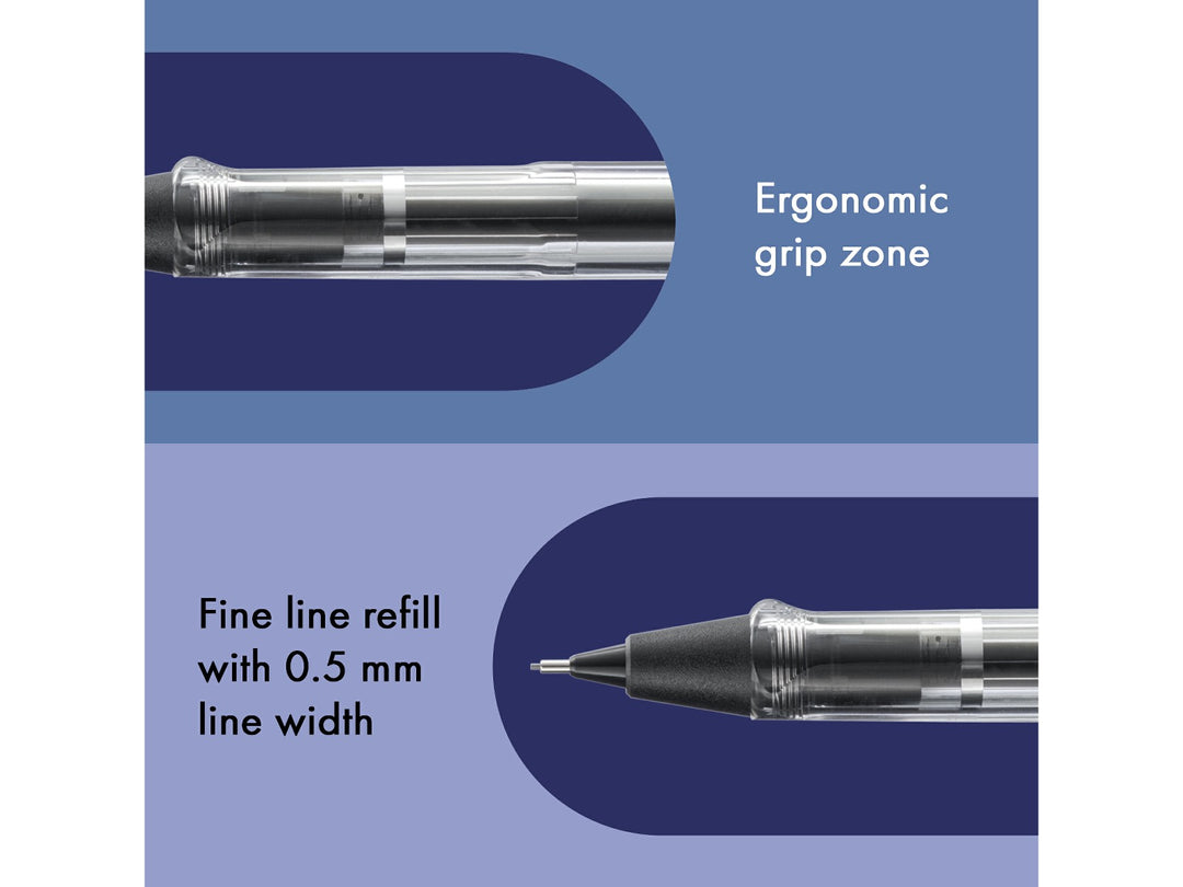 LAMY safari mechanical pencil feature graphic showing ergonomic grip section and precision 0.5mm lead mechanism in transparent Vista finish