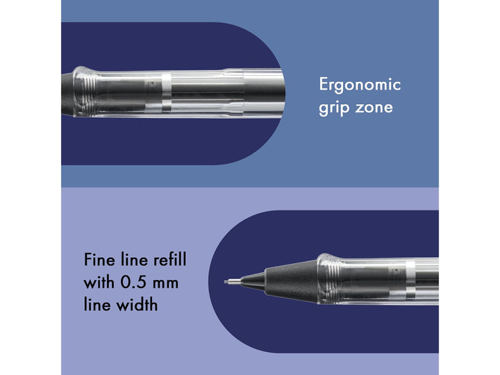 LAMY safari mechanical pencil feature graphic showing ergonomic grip section and precision 0.5mm lead mechanism in transparent Vista finish