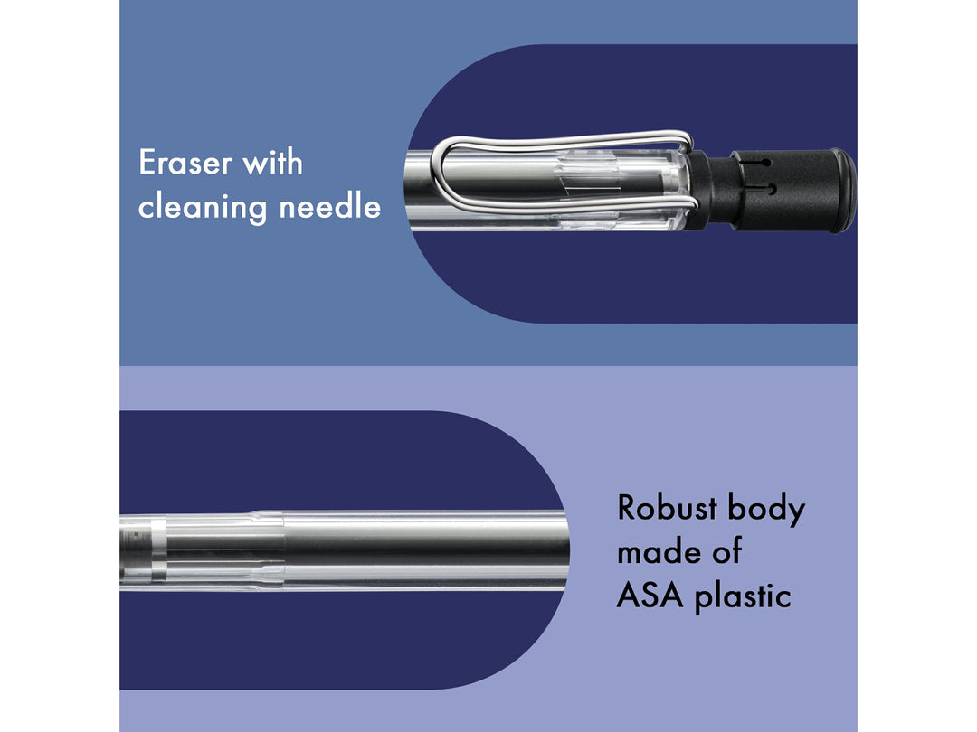 LAMY safari mechanical pencil feature graphic showing integrated Z18 eraser with cleaning needle, durable ASA plastic body and transparent Vista construction