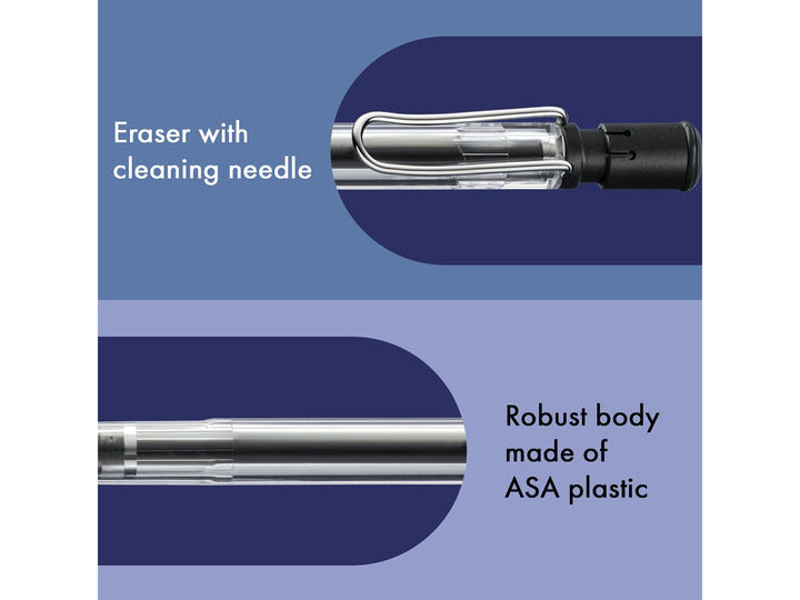 LAMY safari mechanical pencil feature graphic showing integrated Z18 eraser with cleaning needle, durable ASA plastic body and transparent Vista construction