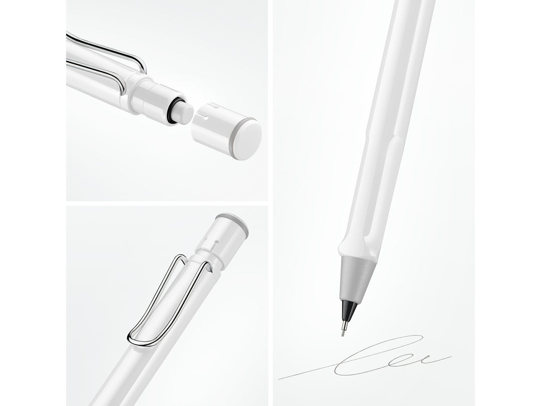 LAMY safari mechanical pencil feature graphic showing integrated Z18 eraser with cleaning needle, ergonomic grip and spring-loaded metal clip in white finish