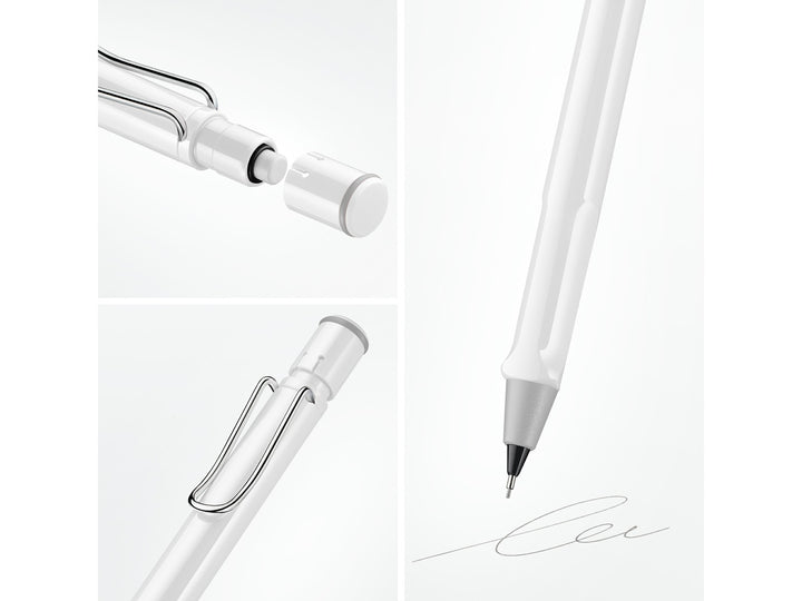 LAMY safari mechanical pencil feature graphic showing integrated Z18 eraser with cleaning needle, ergonomic grip and spring-loaded metal clip in white finish