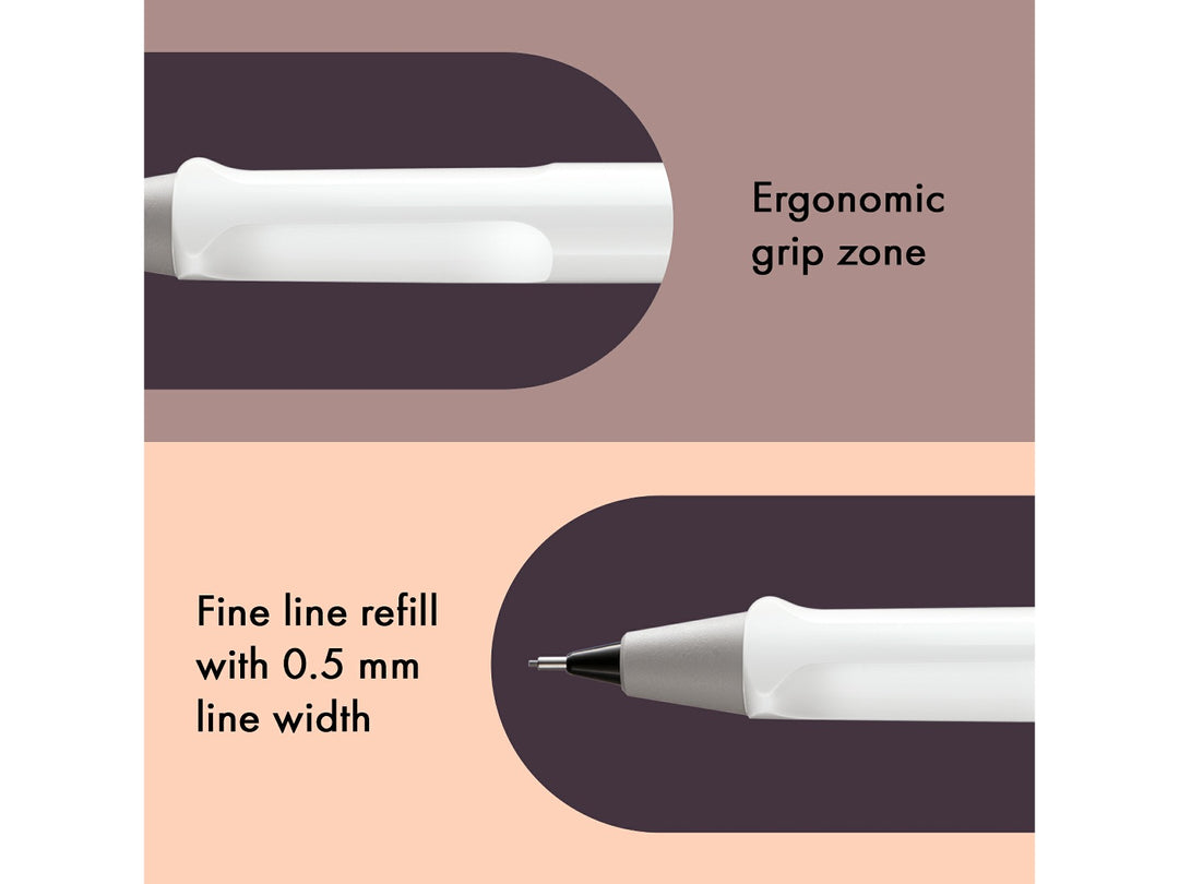 LAMY safari mechanical pencil feature graphic showing ergonomic grip section and precision 0.5mm lead mechanism in white finish
