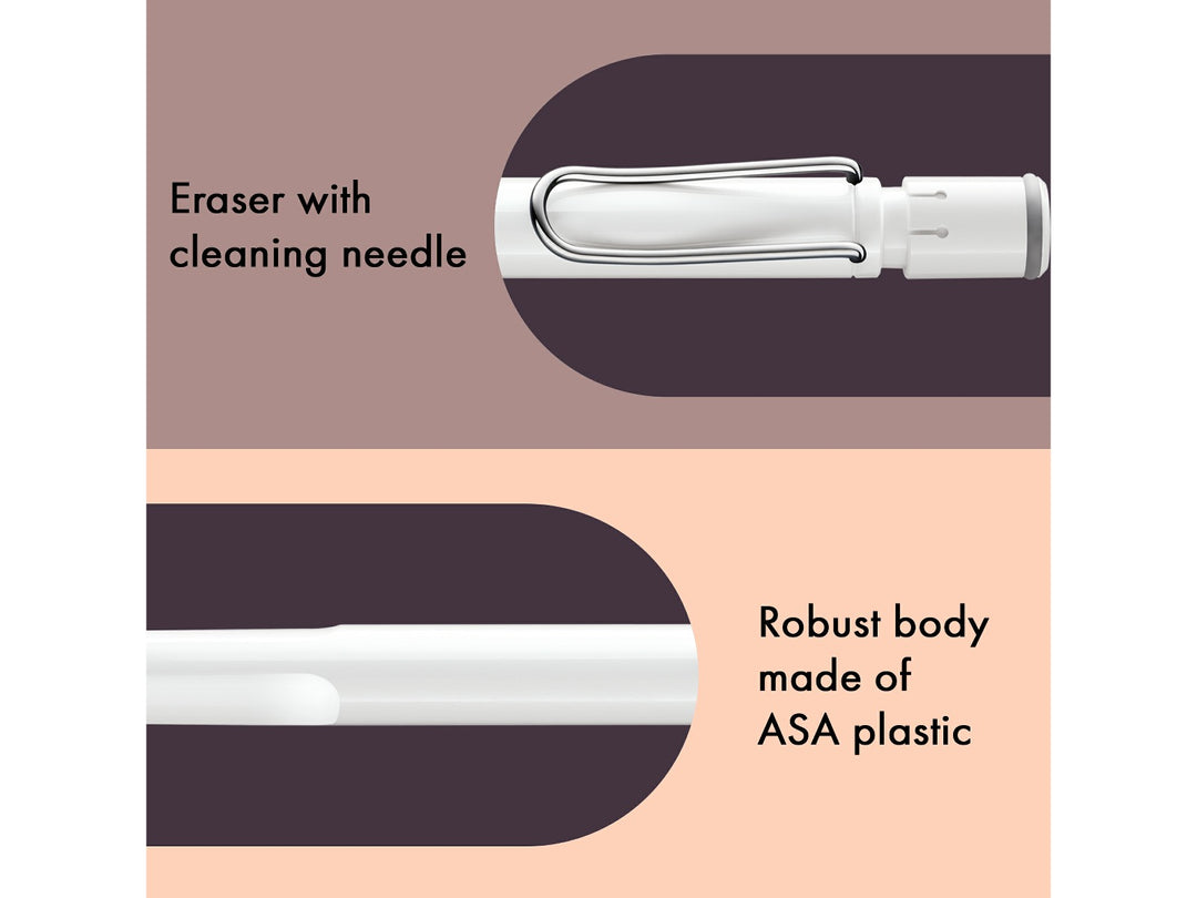 LAMY safari mechanical pencil feature graphic showing integrated Z18 eraser with cleaning needle, durable ASA plastic body and spring-loaded metal clip in white finish
