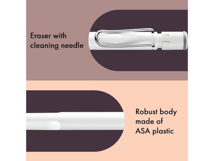 LAMY safari mechanical pencil feature graphic showing integrated Z18 eraser with cleaning needle, durable ASA plastic body and spring-loaded metal clip in white finish