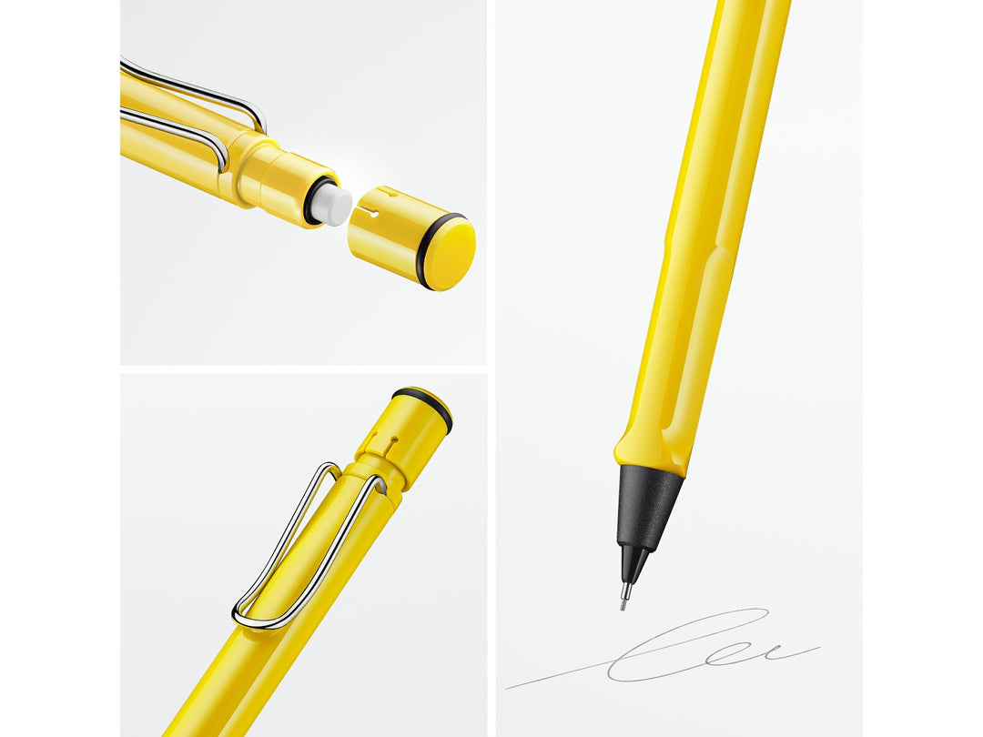 LAMY safari mechanical pencil feature graphic showing integrated Z18 eraser with cleaning needle, ergonomic grip and spring-loaded metal clip in yellow finish