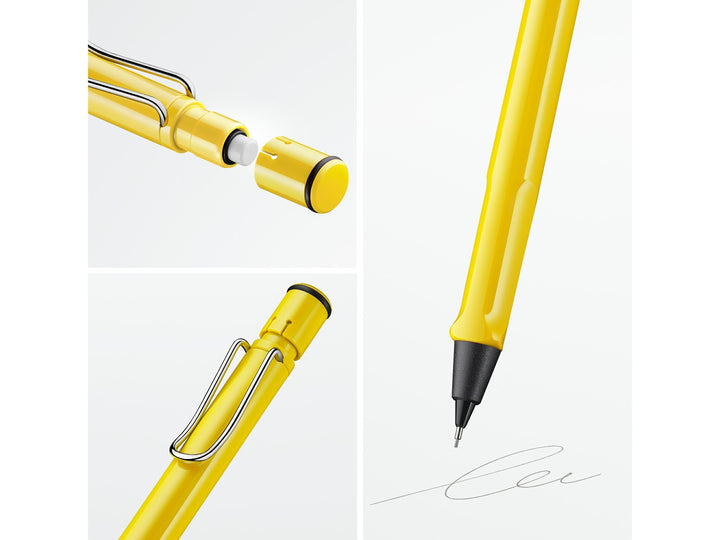 LAMY safari mechanical pencil feature graphic showing integrated Z18 eraser with cleaning needle, ergonomic grip and spring-loaded metal clip in yellow finish