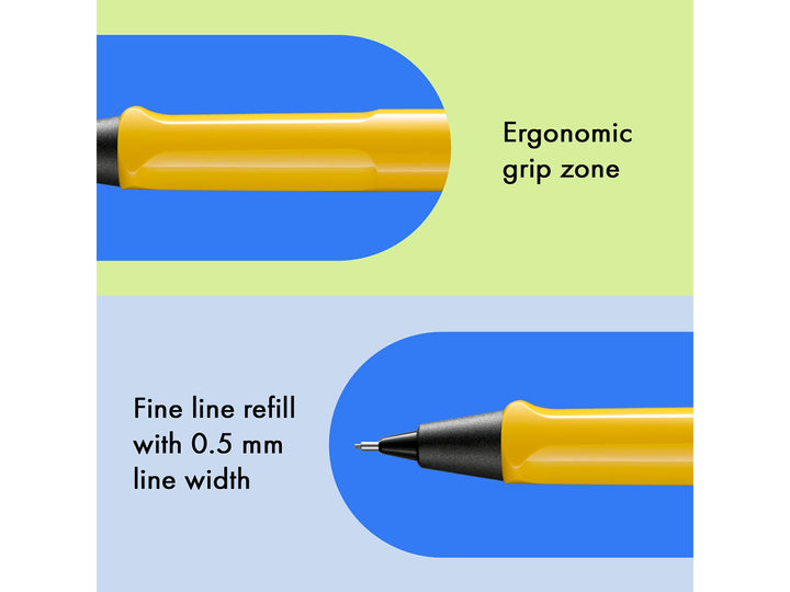 LAMY safari mechanical pencil feature graphic showing ergonomic grip section and precision 0.5mm lead mechanism in yellow finish