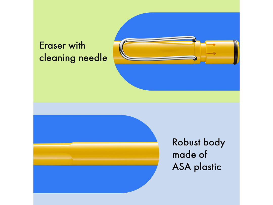 LAMY safari mechanical pencil feature graphic showing integrated Z18 eraser with cleaning needle, durable ASA plastic body and spring-loaded metal clip in yellow finish