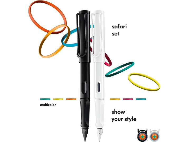 LAMY safari Multicolor Set featuring black and white fountain pens with interchangeable coloured decorative rings