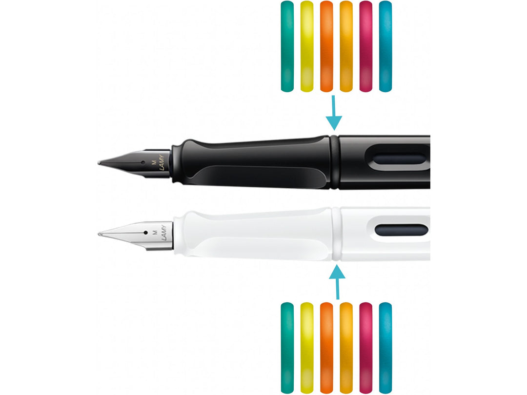 LAMY safari Multicolor Set detail image showing interchangeable coloured decorative rings fitted to black and white fountain pens