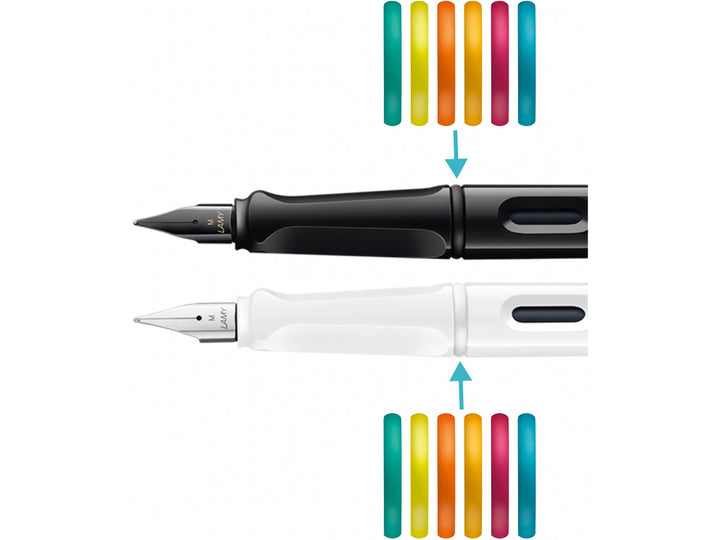 LAMY safari Multicolor Set detail image showing interchangeable coloured decorative rings fitted to black and white fountain pens