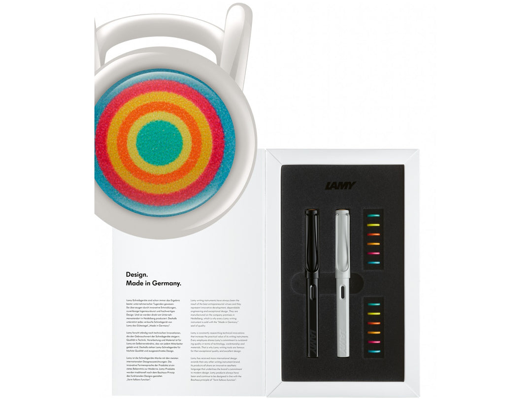 LAMY safari Multicolor Set presentation box with black and white fountain pens, interchangeable coloured decorative rings and multicolour target motif