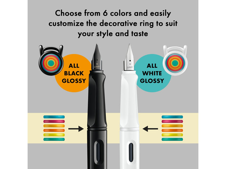 LAMY safari Multicolor Set feature image showing black and white fountain pens with interchangeable coloured decorative rings for customisation