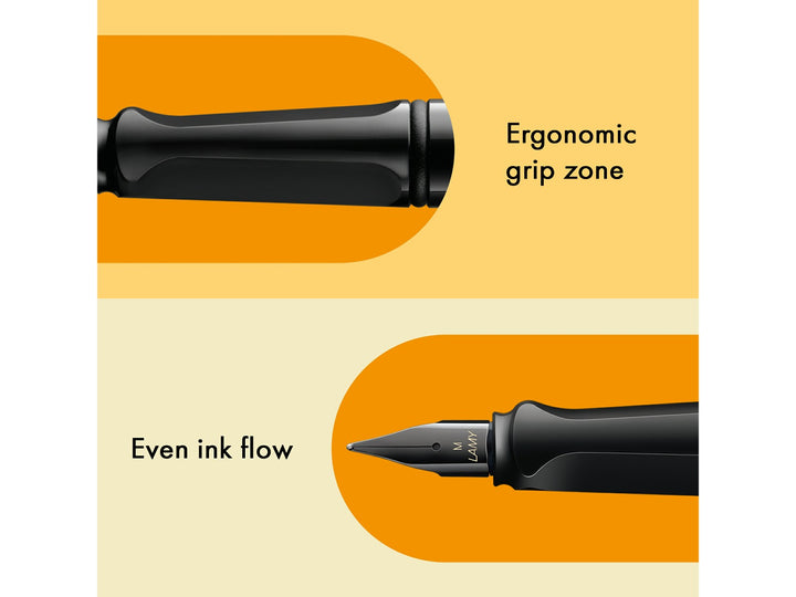 LAMY safari Multicolor Set feature collage showing ergonomic grip section and black stainless steel Medium nib