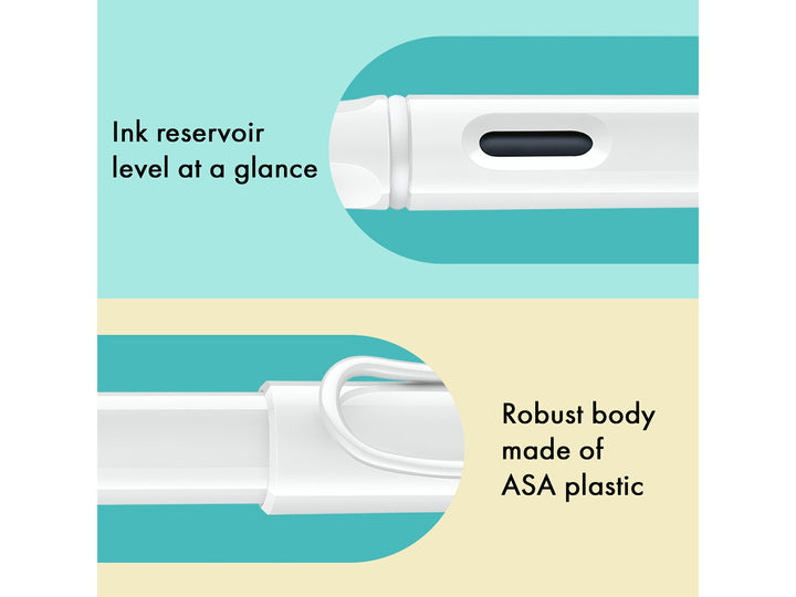 LAMY safari Multicolor Set fountain pen feature image showing ink level viewing window and durable ASA plastic construction