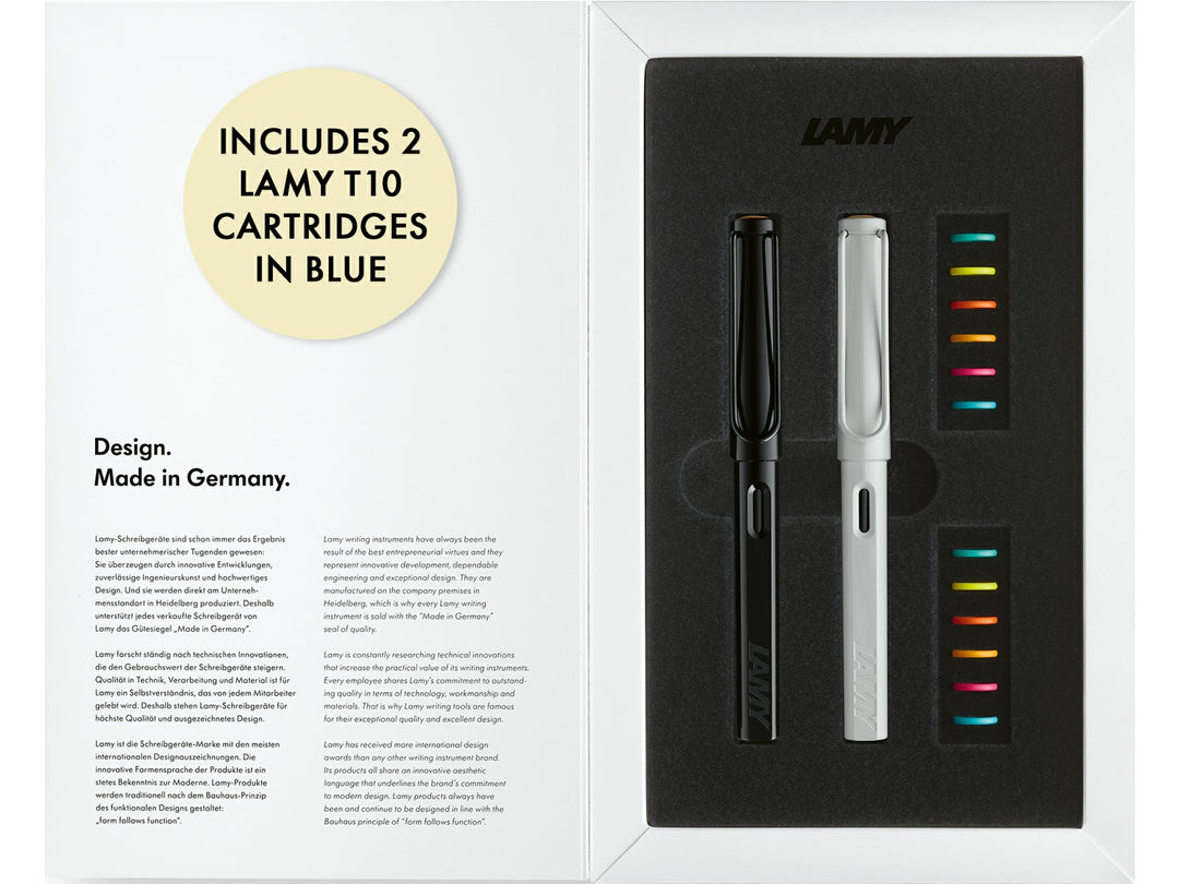 LAMY safari Multicolor Set special edition presentation box with black and white fountain pens, interchangeable colour rings and LAMY T10 blue ink cartridges