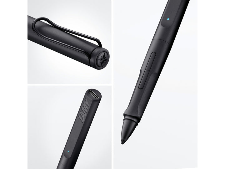 LAMY safari note+ Digital Writing Pen All Black feature collage showing ergonomic grip, shortcut buttons, USB-C charging and signature safari clip