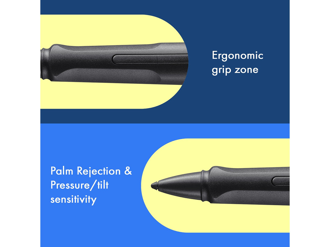 LAMY safari note+ Digital Writing Pen All Black feature graphic showing ergonomic grip zone, palm rejection and pressure and tilt sensitivity