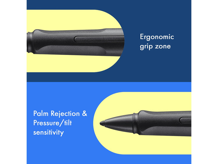 LAMY safari note+ Digital Writing Pen All Black feature graphic showing ergonomic grip zone, palm rejection and pressure and tilt sensitivity