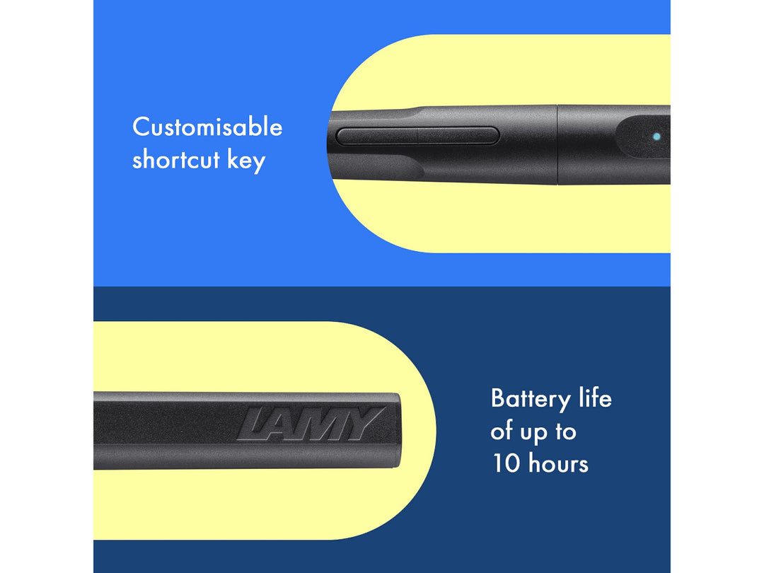 LAMY safari note+ Digital Writing Pen All Black customisable shortcut key and 10-hour battery life feature graphic