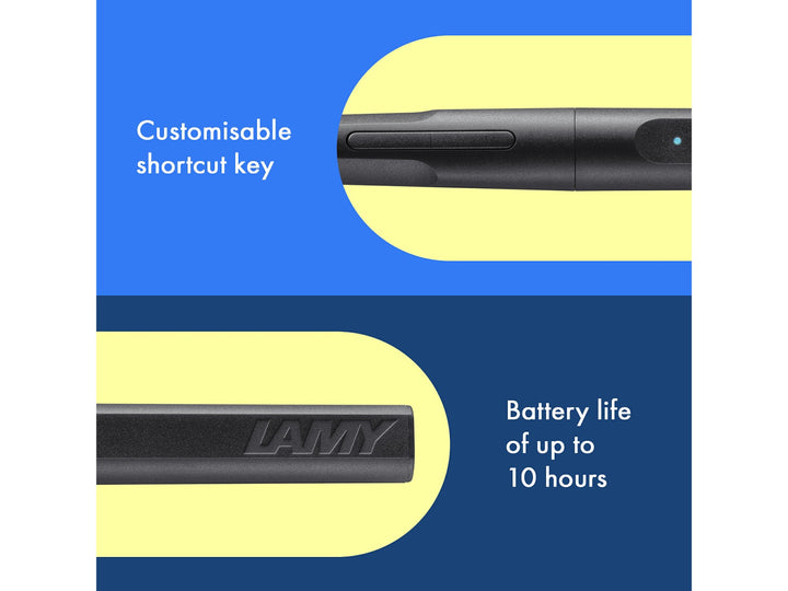 LAMY safari note+ Digital Writing Pen All Black customisable shortcut key and 10-hour battery life feature graphic