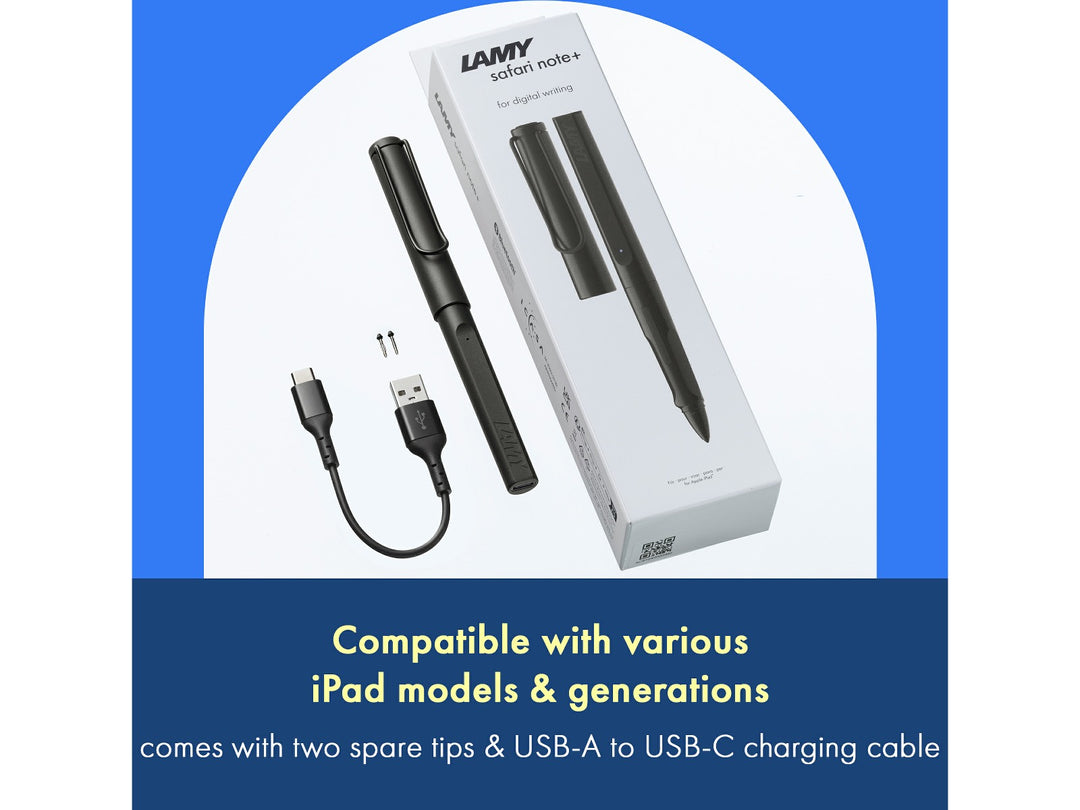 LAMY safari note+ Digital Writing Pen All Black iPad compatibility and included accessories feature graphic