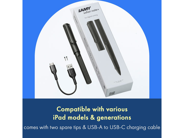 LAMY safari note+ Digital Writing Pen All Black iPad compatibility and included accessories feature graphic